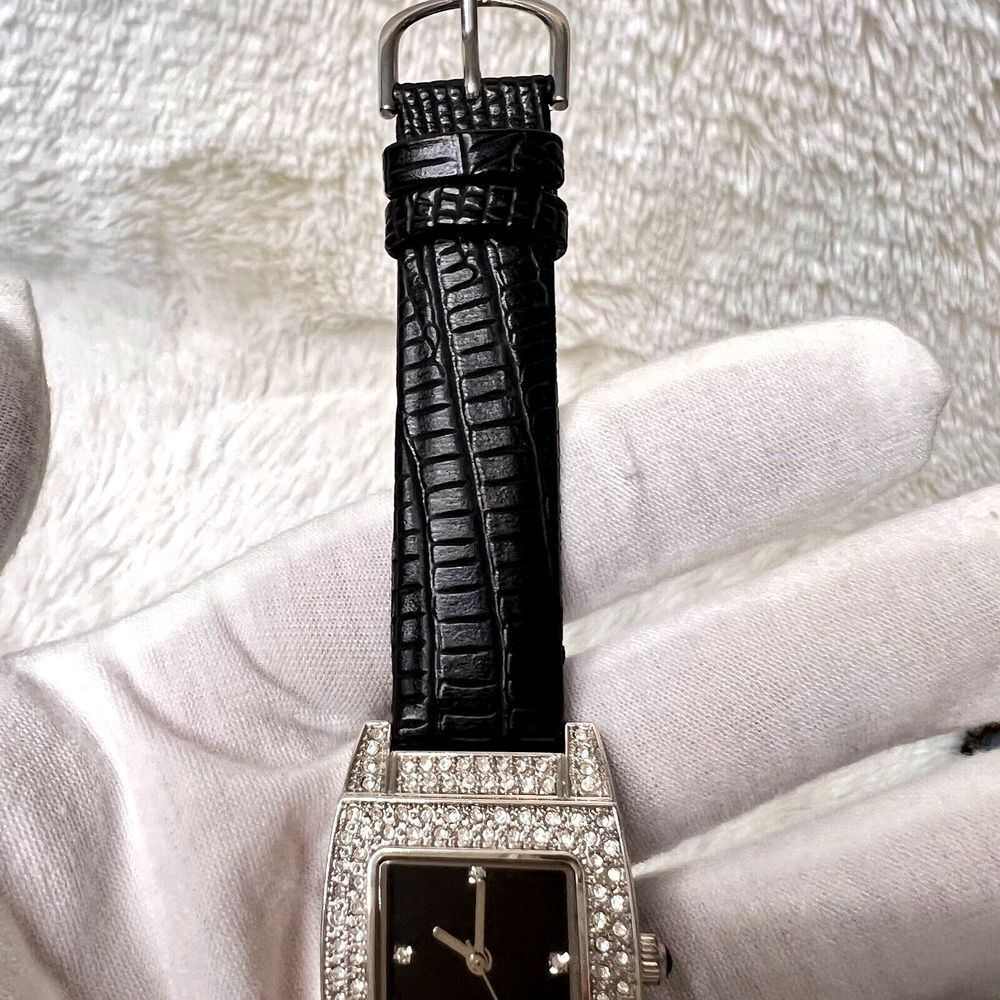 Vintage Women's Watch Black Band Faux Leather Rhinestone Bezel Black Dial - Picture 4 of 16